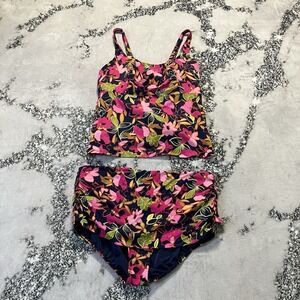Lands End Tankini Swimsuit Set Womens Size 22W Pink Navy Blue 2 Piece